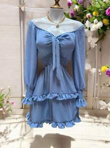 SHORT DRESS WITH LONG SLEEVES AND SPRING, COUNTRY STYLE, DOUBLE Ruffle, CEY FABRIC. MOD. ELSIE - Blue - View 6