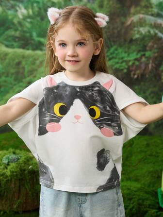 ASK JUNIOR 小女孩短袖猫和蝙蝠印花 T 恤，夏季