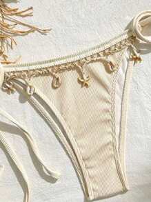 Women's Bikini Set Swim Trunks Ladies' Solid Color Spliced Ribbon Shell Decoration Triangle Cup Tie Women's Bikini Swimsuits - Beige - View 1