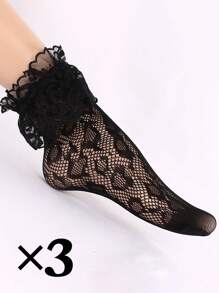 1-3 Pairs Ladies Leopard Polka Dot Stripe Lace Mesh Net Lace Top Fishnet Ankle Socks - Multicolor - View 13