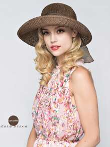 1pc Women Ribbon Solid Color Straw Hat, Fashion Elegant Sunscreen Beach Hat With Linen Bowknot, Suitable For Summer Outings, Beach, Vacation, And Casual Wear