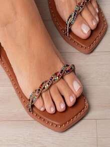 LUZY LOVE Casual Sparkle: Square Toe Rhinestone Flat Sandal - 駝色 - 查看 3