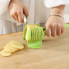 1pc Handheld Fruit Slicer, Orange/Tomato/Vegetable Holder, Fruit Meat Slicer, Onion Cutter, Outdoor BBQ Potato Clip, Milk Tea Shop/Home Kitchen Multi-Function Divider, Food Clip, Lemon Slicer, ABS Plastic Lightweight/Thickened Stainless Steel Version - Green - View 4