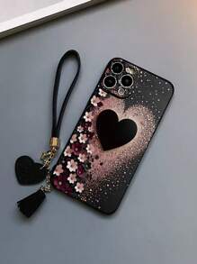 1pc Perforated Edgy Floral & Heart Decorative Thickened Shockproof Painted Phone Case With Detachable PU Leather Heart Wrist Strap, DIY Phone Case Accessory, Leather Tassel Pendant Wristband Compatible With IPhone Galaxy Redmi Waterproof Anti-Fall Scratch Resistant