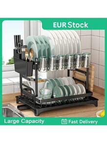 1 Set 2-Tier Stainless Steel Dish Drying Rack With Drainage Tray, Adjustable Dish Drainer For Kitchen Counter, Rotatable Drainage System - Multicolor - View 12