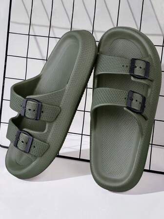 Men's Buckle Decor Slides,Fashionalbe Non-Slip Eva Slippers,Cool Thick Bottom Flat Sandals For Indoor Outdoor Beach