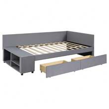 Cama doble con plataforma y almacenamiento en forma de L tapizada, en color gris - Gris + Terciopelo + Twin - Ver 10