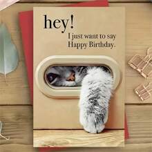Adorable Cat Birthday Greeting Card - "Hey! Just Wanted To Wish You A Happy Birthday" Message, Includes Envelope, Cartoon Animal Themed, Tactile, Suitable For Any Recipient, Birthday Card