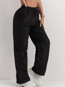 女士裤子，带斜口袋的休闲工装裤，街头风格松紧腰直筒裤，适合所有季节 - 春季、夏季、秋季和冬季。 - 黑色 - 查看 2