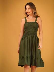 Short Lastex Dress With Straps And Ties - Military Verde - View 2