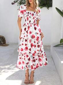 Women Summer Puff Short Sleeve Midi Dress Floral Printed Square Neck Smocked Dress Ruffle Tiered Flowy Long Dress Casual Spring Holiday Vacation Garden Boho Bohemian Wedding Guest Valentine Maxi Dress - 白色紅色花 - 查看 5
