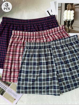 Set da 3 pezzi di mutande a boxer sottili da uomo con stampa quadrettata, elastiche e confortevoli, pantaloni pigiama con laccetto, lunghi e traspiranti, multicolore