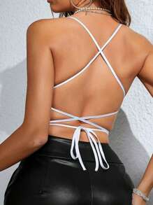 狂欢节蝴蝶闪亮对比亮片十字交叉低胸露背紧身胸衣塑身服装短款吊带背心派对上衣音乐会 - 銀色 - 查看 2