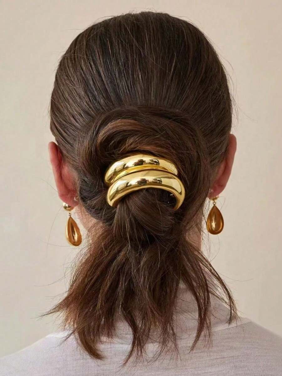 1 pieza Coletero de mujer dorado metálico, accesorio para el cabello tubular lujoso, elástico versátil y de moda para cola de caballo, adecuado para fiestas, compras y vuelta al colegio - Dorado - Ver 1
