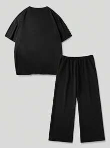 2 Pieces Short-Sleeved Straight-Leg Pants Set, Street LA Tiger Pattern Casual Short-Sleeved And Straight-Leg Pants, Suit, Black Round Neck Short-Sleeved Suit, Short-Sleeved Suit, Long Pants Suit