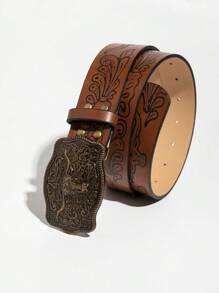 1pc Retro Embossed Leather Belt With Vintage Buckle For Women, For Music Festival - Mocha Brown - View 4