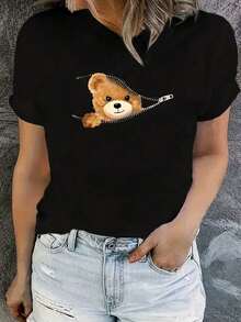 Unisex Bear Zipper T-Shirt Fashion Streetwear T-Shirt Women's Shirt 100% Cotton Men's Printed Casual Premium - 黑色 - 查看 6