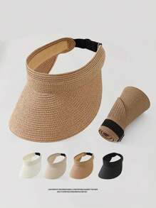 Adjustable Empty Top Straw Hat, New Summer Fashion Unisex UV Protection Foldable Wide Brim Sun Hat, Casual Versatile Bohemian Retro Street Elegant Style, Polyester Fabric, Spring Summer