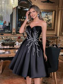 Faeriesty Stylish Strapless Beaded Sequin Decoration A-Line Satin Party Dress
