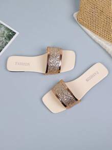 Women's Rose Gold Round Toe Slide Sandals, Casual Beach Flat Flip Flops
