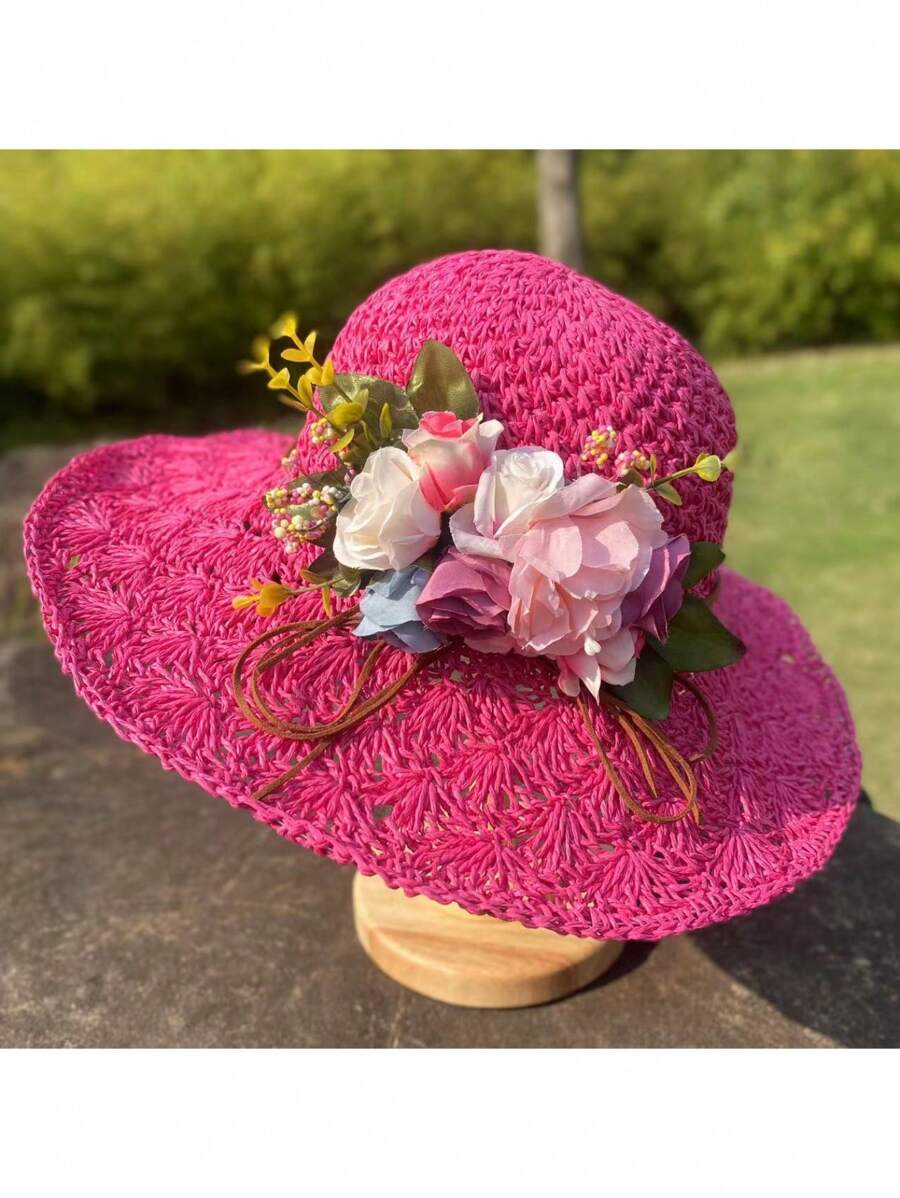 女士手工花卉编织草帽，时尚简约风格，适合旅行、海滩、度假穿着，可折叠且用途广泛 - 彩色 - 查看 1