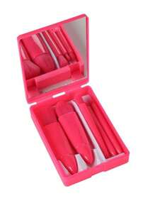 طقم فرش مكياج مع مرآة مضغوطة، طقم فرش مكياج للسفر مكون من 5 قطع، تشمل فرشاة ظلال العيون وفرشاة البودرة وفرشاة الأساس