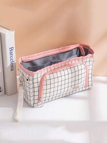 1 件帆布多层大容量少女铅笔盒，简约时尚大容量铅笔袋，带窗口学生文具收纳盒，黑白格子