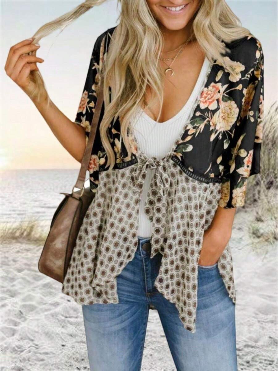 Womens Floral Boho Kimono Cardigan 3/4 Ruffle Sleeve Lightweight Tie Loose Cover Up - màu đen - Xem 1