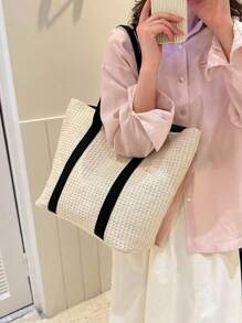 Summer Seaside Beach Vacation Simple Casual Straw Bag,Beige Women Tote Bags,Large Capacity Portable Beach Holiday Bag,Double Handle Tote Bag For Summer Beach Trip Shoulder Bag Handbag Shopping Bag,Women's Stylish Tote Bag For Shopping For Teen Girls Women College Students,White-Collar Workers,Teacher Perfect For School,College,Work ,Business,Commute,Outdoors, Travel, Outings,Holiday,Teachers' Day