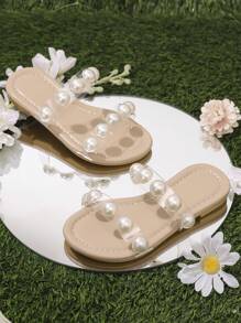 Girls Faux Pearl Decor Strap Sandals Casual Beach Slippers, Available In Small, Medium And Large Sizes, 2025 New Collection - White - View 2