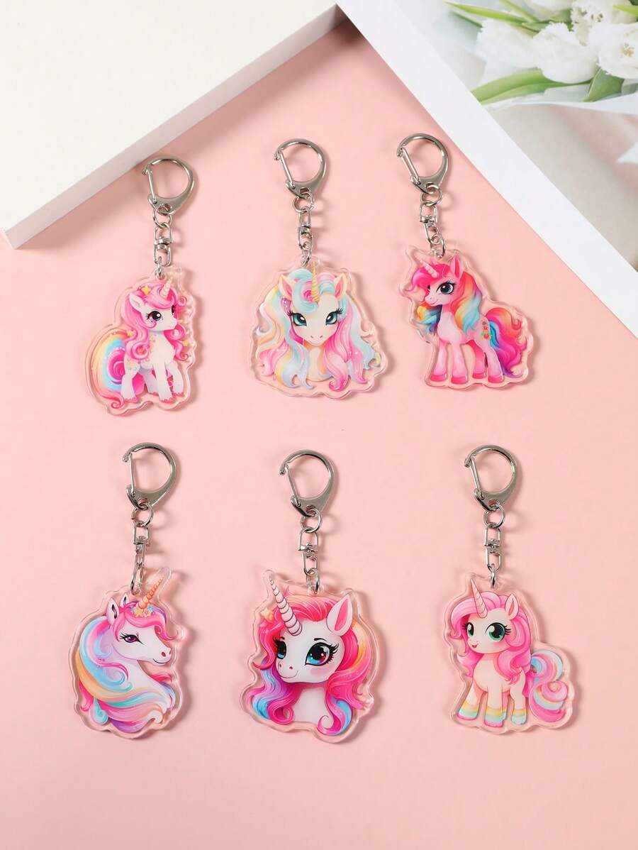 6 件粉色独角兽图案亚克力钥匙扣吊坠，独角兽主题生日家庭节日派对装饰，派对装饰钥匙圈钥匙链，生日派对礼物吊坠，包包吊坠饰品，送给朋友的礼物 - 獨角獸 - 查看 1