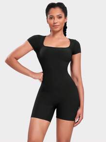 Vutru Damen modischer Jumpsuit mit quadratischem Ausschnitt und Kurzarm, aus strukturiertem Stoff für Yoga Formwäsche Jumpsuit - Schwarz - Übersicht 7