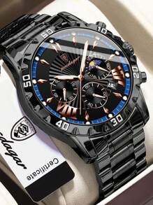 POEDAGAR Fashionable Stainless Steel Quartz Watch For Men, With Calendar Function, 30M Water Resistant, Chronograph Sub-Dial, Suitable For Birthday/Holiday Gift And Casual Daily Wear - Blue - View 2