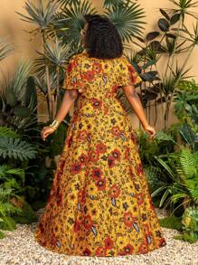 Faeriesty This Fashionable African Print Maxi Dress Features A V-Neck Design, Short Butterfly Sleeves, And An Exaggerated Plus Size Skirt. The Vibrant Floral Print Makes It The Perfect Choice For Summer Beach Parties, Tropical Weddings, And Garden Events (Breathable And Lightweight, Suitable For All Seasons). Summer Dress, Spring Apparel - Yellow - View 2