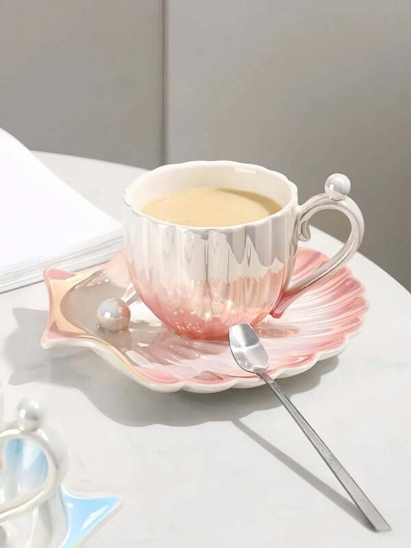 1 Set Pearl Shell Ceramic Cup & Saucer, High-End Pearlescent Coffee Cup & Saucer, Afternoon Tea Cup, Breakfast Cup & Saucer, Gift For Friends, Suitable For Home, Restaurant, Cafe