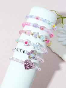 6pcs/Set Kids Flower Heart Word Beaded Bracelet Set, Random Colors