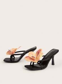 Satin Flower Peep Toe High Heel Sandals, Black, Perfect For Travel & Beach In Spring/Summer