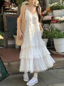 女式蕾丝领吊带连衣裙，春季新款时尚海滩度假荷叶边花裙 - 白色 - 查看 3