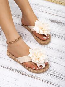 Giày thời trang nữ, Giày mùa hè họa tiết hoa màu ngà, Giày dệt giả, Dép đế bằng cho nữ, Dép đi biển thông thường, Dép xỏ ngón đế giả vải lanh - Màu be - Xem 3