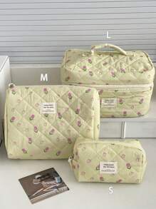 Bolsa de maquillaje de tela suave con patrón floral sobre fondo amarillo, con cierre de cremallera. Bolsa de almacenamiento linda para cosméticos, artículos de tocador, uso doméstico, viajes y mujeres