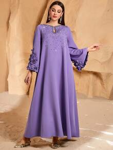 Solessence 女式手工 3D 花卉优雅前蝴蝶结珍珠串珠阿拉伯风格连衣裙，端庄 - 紫色 - 查看 6