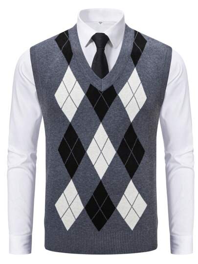 Colete de Malha Argyle Sem Mangas Masculino, Colete Casual de Decote em V para Uso Diário, Atividades ao Ar Livre e Festivais, para o Outono