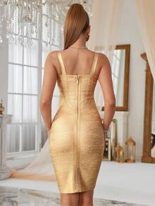 Gold Metallic Foil Sexy Backless Bandage Midi Bodycon Dress For Party, Wedding Guest Cocktail Dress