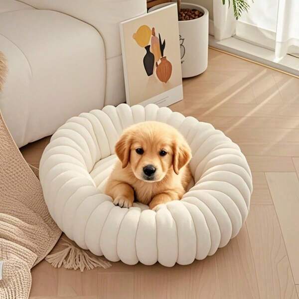 1 pieza Cama de lujo de mascota con rayas y peluche para sueño profundo, cama para gato apta para perros pequeños y medianos - Cómodo nido redondo para gatos, cama cálida y acogedora para perros en invierno, estera cómoda para gatos, regalo perfecto para las fiestas