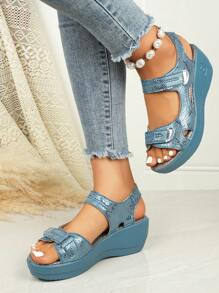 2025 New Summer Casual Platform Sandals, Metal Buckle Decor, Faux Linen Rope, Lightweight, Open Toe Elastic Strap Sandals - Blue - View 5