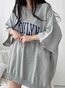 2025夏季女款休閒寬鬆字母印花圓領短袖T恤 - 灰色 - 查看 1