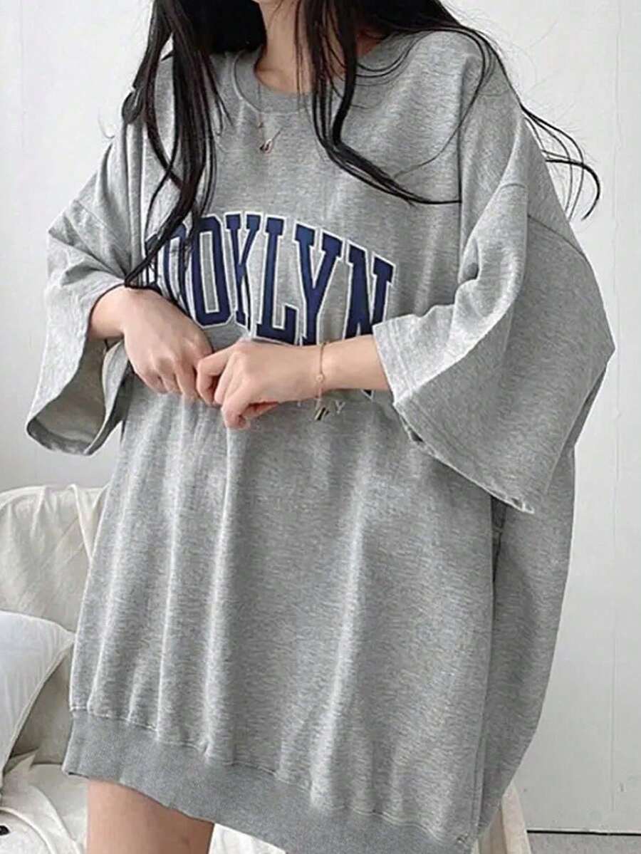 2025夏季女款休閒寬鬆字母印花圓領短袖T恤 - 灰色 - 查看 1