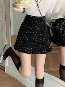 波尔卡圆点荷叶边下摆 A 字迷你裙，修身黑色紧身裙，女式，春夏 - 黑色 - 查看 5