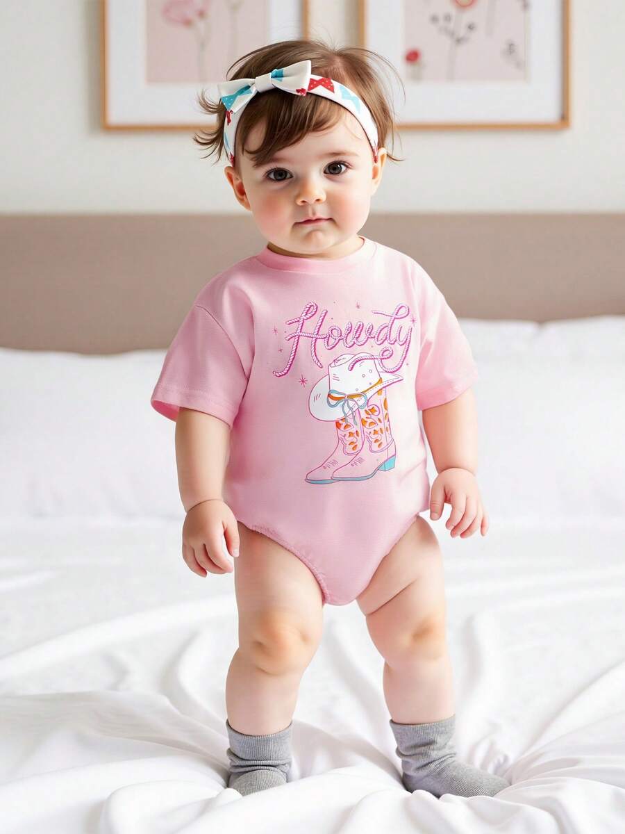 Conjunto de ropa occidental para recién nacidos niñas, mamelucos de manga corta con diseño de botas de vaquera "Howdy", body y pantalón corto estilo bombachos para verano - Rosa - Ver 1