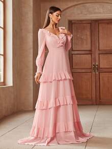 Elegantes, einfarbiges, ausgestelltes Maxi-Brautjungfernkleid mit Rüschensaum - Pink - Übersicht 5